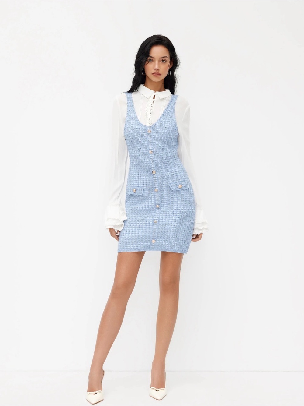 Cider Light Blue Tweed Button-Front Mini Dress